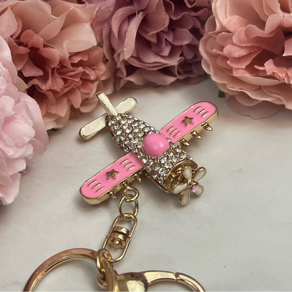 Whimsical Pink & Gold Crystal Airplane Keychain Charm - Picture 5 of 16